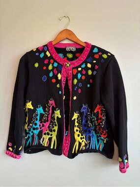 Vintage Collective Works of Berek Black Multicolor Giraffe Embroidered Sweater L